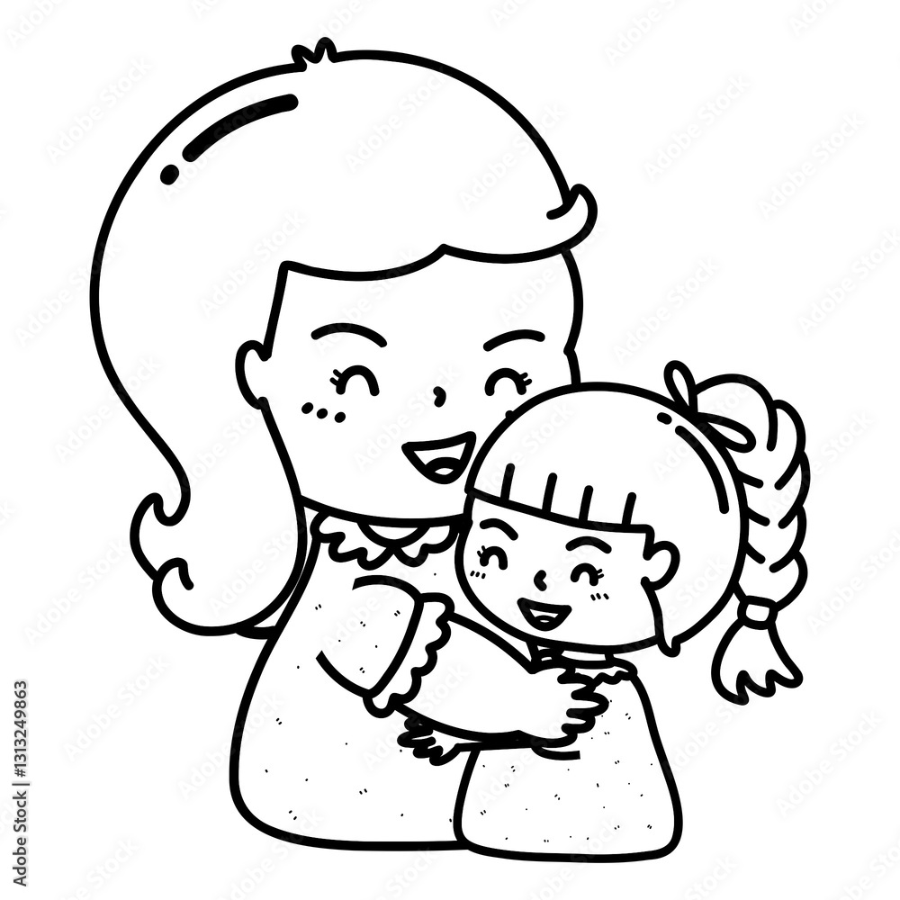 Cartoon outline illustration of mother holding and hugging her child, warm mother's day concept, image showing mother's love, mother's day coloring book image Cartoon outline illustration of mother holding and hugging her child, warm mother's day concept, image showing mother's love, mother's day coloring book image