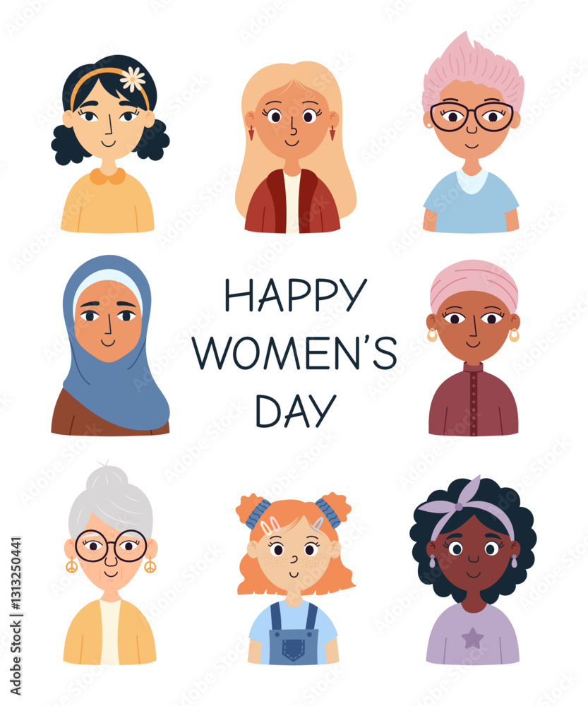 Poster with diverse women and girls celebrating International Women's Day. The portrait features inclusivity, feminism, empowerment, equality, and culture, symbolizing unity and sisterhood Poster with diverse women and girls celebrating International Women's Day. The portrait features inclusivity, feminism, empowerment, equality, and culture, symbolizing unity and sisterhood