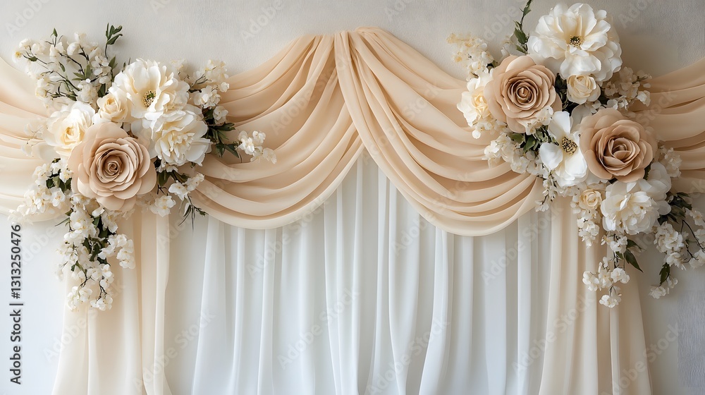 Elegant drapes adorned with beautiful flowers and decorative greenery Elegant drapes adorned with beautiful flowers and decorative greenery