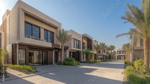 Modern luxury villas line a paved street. Ideal for real estate  architecture  and luxury lifestyle websites.
