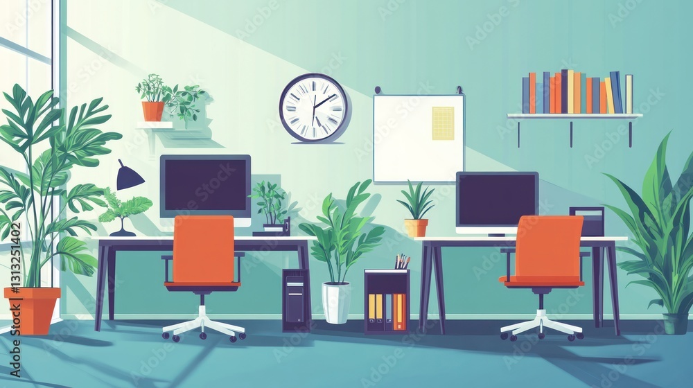 Modern office interior with two workstations, plants, and daylight. Ideal for showcasing a productive workspace Modern office interior with two workstations, plants, and daylight. Ideal for showcasing a productive workspace