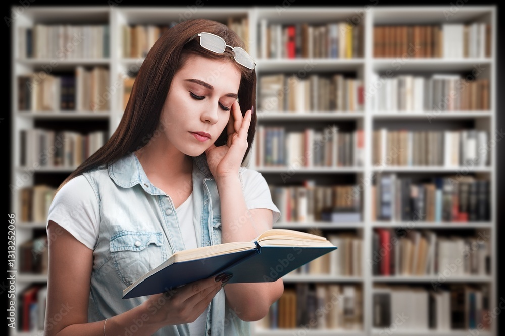 College student with books in library at university