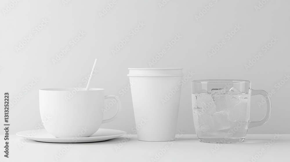 Fototapeta premium White Cups and Glass with Water and Ice on White Table