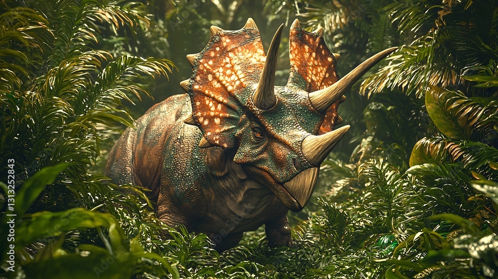 Realistic rendering of a Triceratops in a dense jungle with detailed foliage Realistic rendering of a Triceratops in a dense jungle with detailed foliage