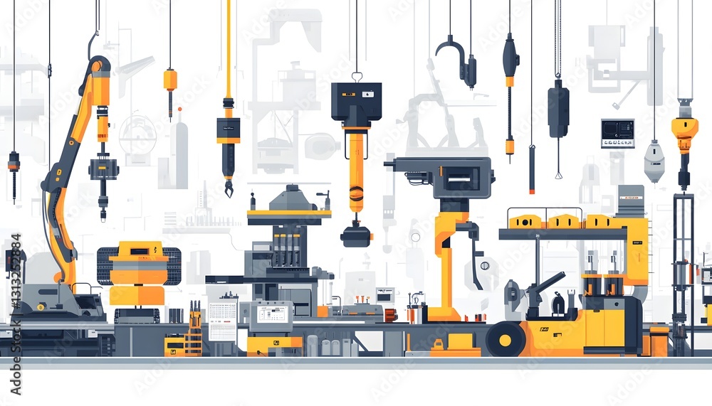Automated Factory Production Line With Robotic Arms And Conveyors Automated Factory Production Line With Robotic Arms And Conveyors