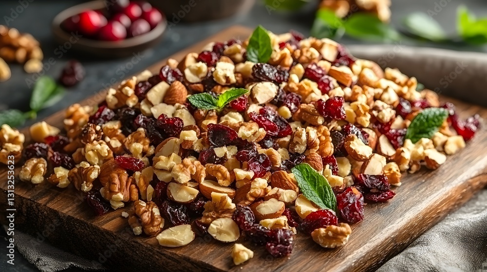 Fototapeta premium Delicious Trail Mix Almonds Walnuts Cranberries Healthy Snack Food