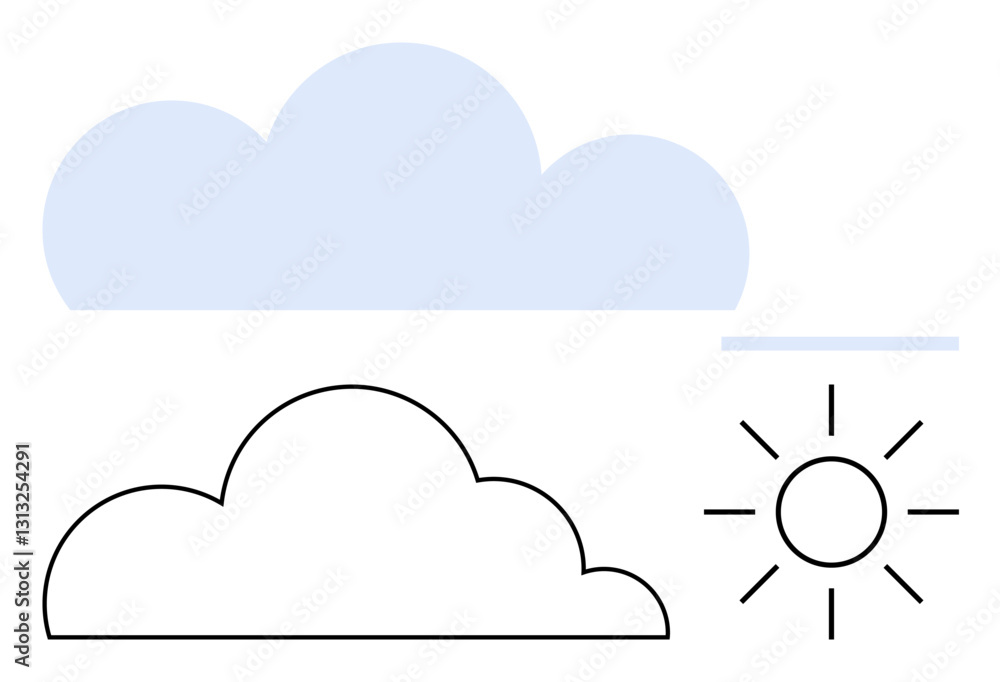 Simplified cloud outline, filled blue cloud, and sun with rays, representing weather states. Ideal for weather, climate, nature, technology, environment forecasts flat simple metaphor Simplified cloud outline, filled blue cloud, and sun with rays, representing weather states. Ideal for weather, climate, nature, technology, environment forecasts flat simple metaphor