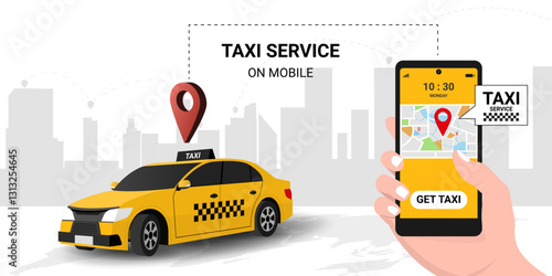 Get taxi via mobile. Taxi online service on mobile application with yellow taxicab. Call car. Concept for order taxi service. Order a taxi online. public transport. 3d vector illustration