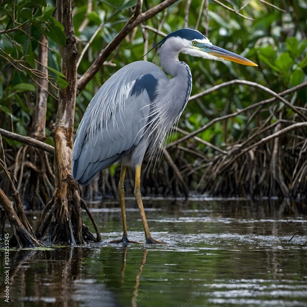 Heron Resting in Mangrove Swamp Among Roots and Foliage Heron Resting in Mangrove Swamp Among Roots and Foliage