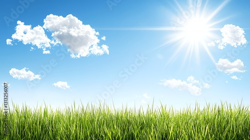 Sunny Day Landscape with Lush Green Grass and Bright Blue Sky