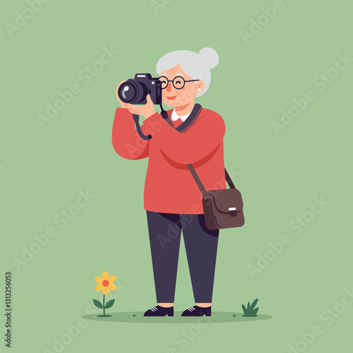 Woman Taking Photo of Flower with Digital Camera Illustration