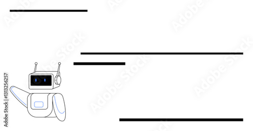 Cheerful robot with antennae waving while framed by horizontal lines conveys technology, AI interaction, futuristic interface, simplicity. Ideal for automation, robotics, education, tech