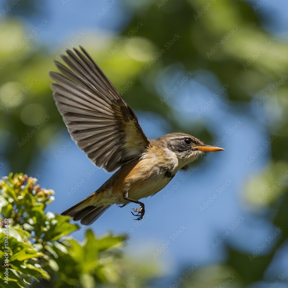 Fototapeta premium Old World Flycatcher Mid-Flight Catching Insect Against Clear Blue Sky