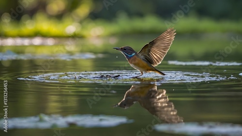 Agile Old World Flycatcher Catching Insect Above Calm Pond