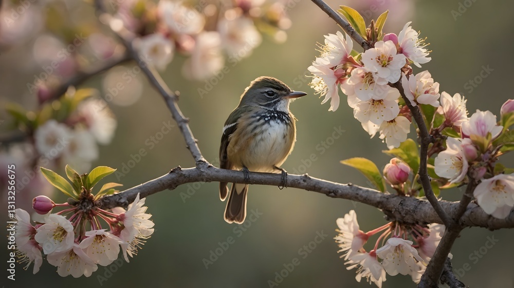 Elegant Old World Flycatcher Duo Resting Among Orchard Blooms Elegant Old World Flycatcher Duo Resting Among Orchard Blooms