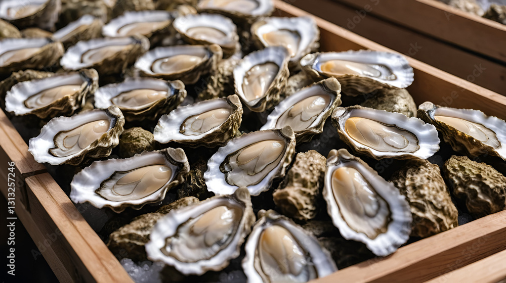 Oysters on the counter in wooden boxes on the market. Oysters for sale at the seafood market. Fish market stall full of fresh shell oysters. Fresh oysters selective focus. Close up shot. Oysters on the counter in wooden boxes on the market. Oysters for sale at the seafood market. Fish market stall full of fresh shell oysters. Fresh oysters selective focus. Close up shot.