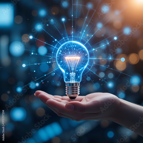 hand holding a light bulb digital network. New ideas, business innovation. 4k ultra realism, copy space
