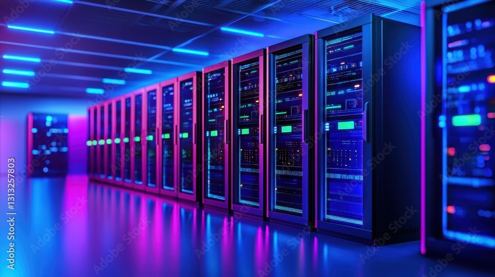 Futuristic Data Center with Colorful Neon Lighting and Server Racks Futuristic Data Center with Colorful Neon Lighting and Server Racks