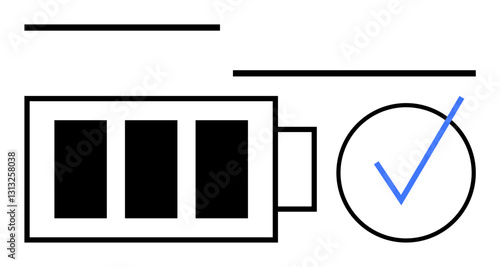 Battery icon fully charged next to checkmark symbolizing reliability, success, and sustainability. Ideal for technology, energy management, productivity, achievement, efficiency, renewable energy