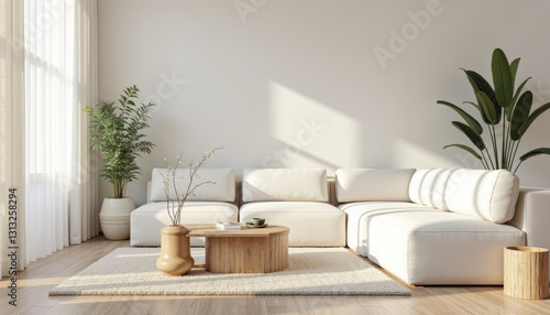 bright and airy minimalist living room featuring white sectional sofa  wooden coffee table  and indoor plants. natural light enhances serene atmosphere