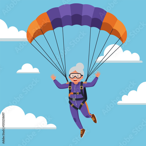 Woman Parachuting with Open Arms Against a Light Blue Sky