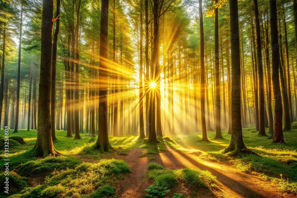 Golden Hour Forest: Serene Sunlight Beams Through Trees, Tranquil Nature Scene Golden Hour Forest: Serene Sunlight Beams Through Trees, Tranquil Nature Scene