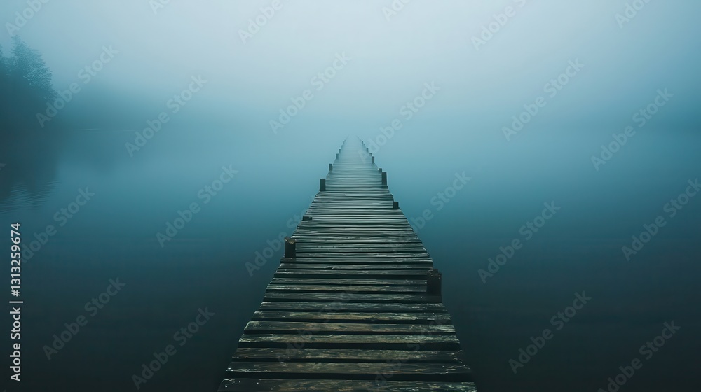 Obraz premium Foggy Serene Wooden Pier Leading into Mystical Tranquil Water