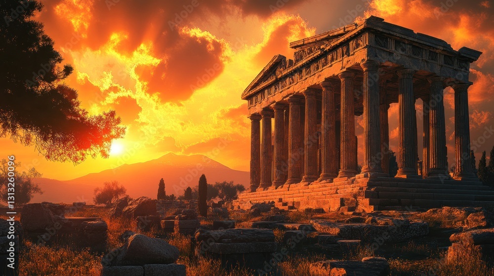 Obraz premium ancient temple ruins bathed in golden sunset light evoking greek heritage landscape view