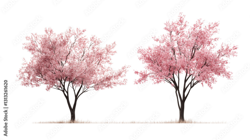 Fototapeta premium Two pink cherry blossom trees blooming on transparent background