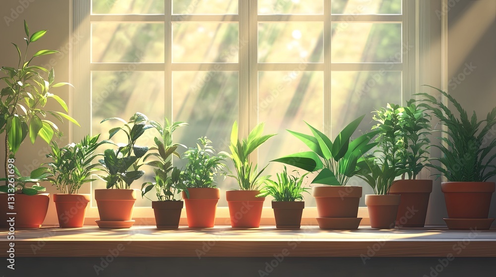Small potted plants lined up on a windowsill with light streaming in Small potted plants lined up on a windowsill with light streaming in