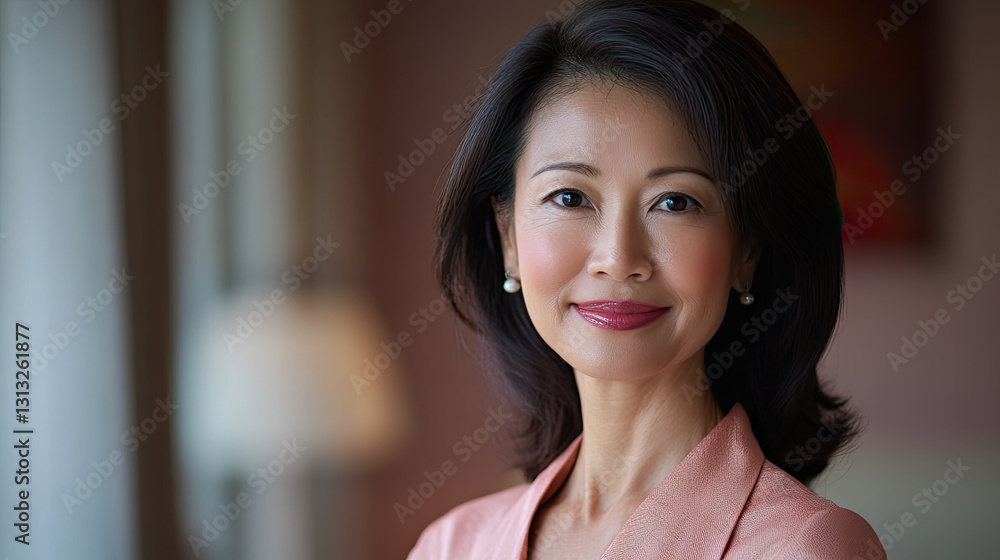 Professional woman smiling in a softly lit indoor setting, showcasing confidence and warmth. Asian businesswoman Professional woman smiling in a softly lit indoor setting, showcasing confidence and warmth. Asian businesswoman