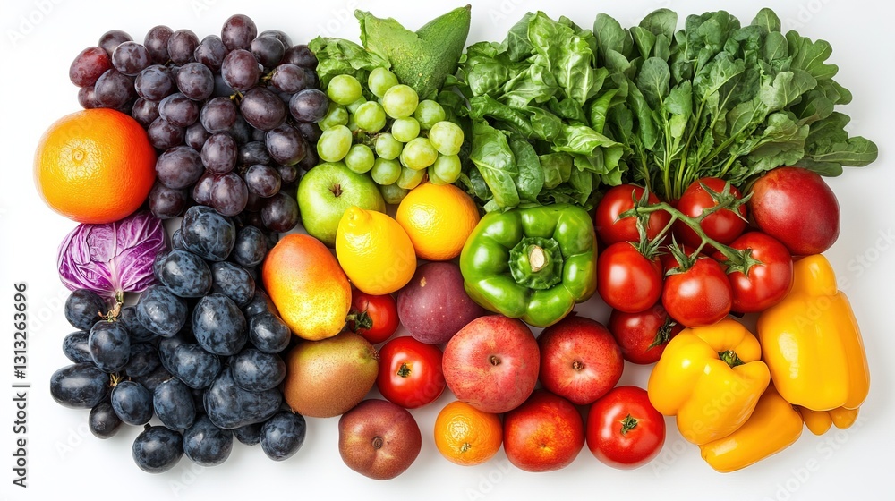 Fresh fruits and vegetables arranged in a vibrant still life with natural lighting and clean white background Fresh fruits and vegetables arranged in a vibrant still life with natural lighting and clean white background