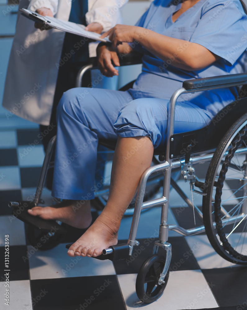 Obraz premium Asian young professional successful friendly female nurse in blue hospital uniform helping supporting physical therapy senior old pensioner unhealthy injury woman patient walking via four legs walker.