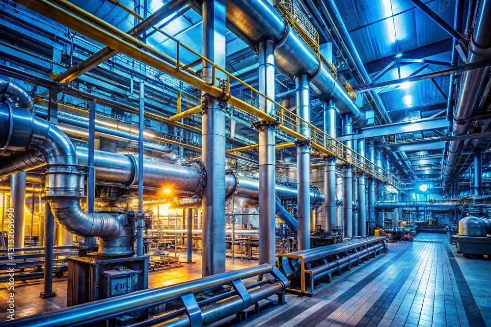 Fototapeta premium High-Depth-of-Field Industrial Facility Engineering Stock Photo: Modern Plant Interior