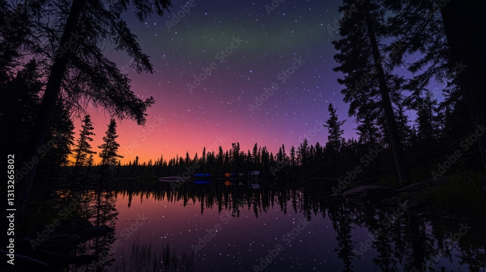 Naklejka premium The tent stands still, surrounded by the bright aurora, the warm lights from the tent, and the cold glow of the aurora against each other, creating a dreamlike and peaceful atmosphere.