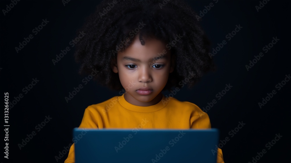 A focused young child with curly hair intently using a laptop A focused young child with curly hair intently using a laptop