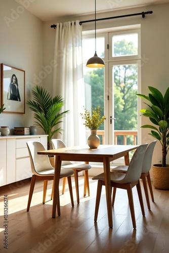 Bright living room  dining table near sunny window and door  airy ambiance   sunny  minimal  open plan