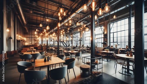 Modern industrial cafe interior with urban loft design featuring concrete floor metal beams and warm Edison bulb lighting atmosphere