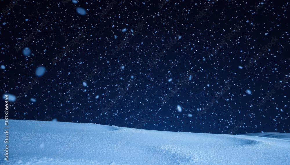 Naklejka premium Silently falling snow blankets a dark, starlit night, panoramic, peaceful