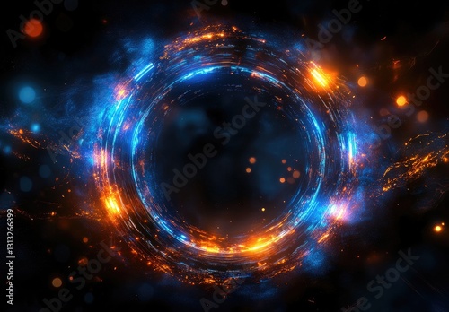 Abstract neon circle frame with fiery energy in a dark space photo