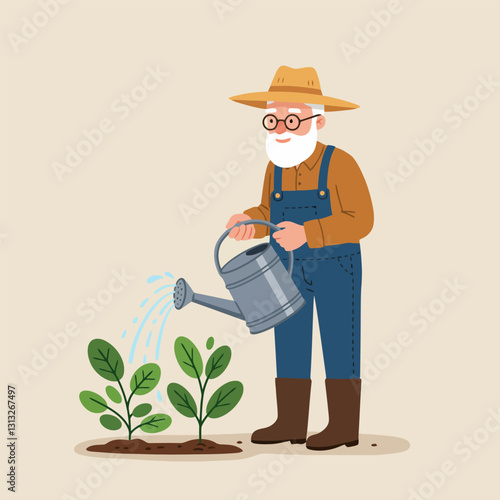 Gardener Watering Plants Illustration of Farming and Agricultural Life