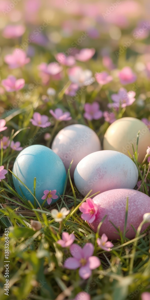 Vibrant pastel eggs nestled in spring grass, spring background, colorful background Vibrant pastel eggs nestled in spring grass, spring background, colorful background