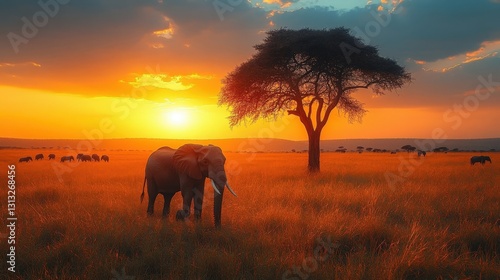 African Elephant at Sunset in the Savanna