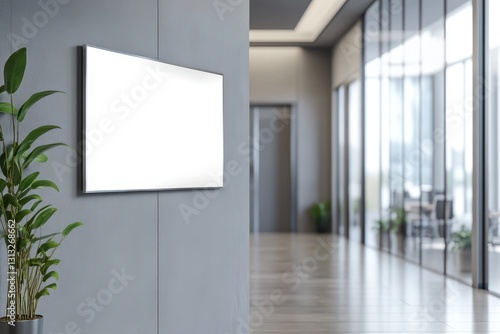 Photorealistic mockup of a blank stainless steel plate on the wall in a modern office  with a glass door and green plants behind it  grey walls  and a blurred background.