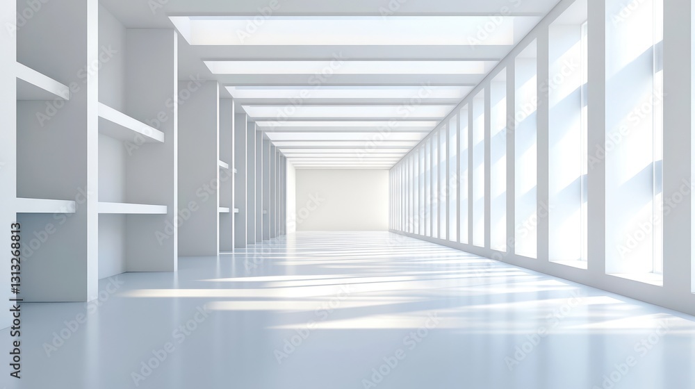 Modern white office hallway with shelves and windows. Interior design for a professional setting Modern white office hallway with shelves and windows. Interior design for a professional setting