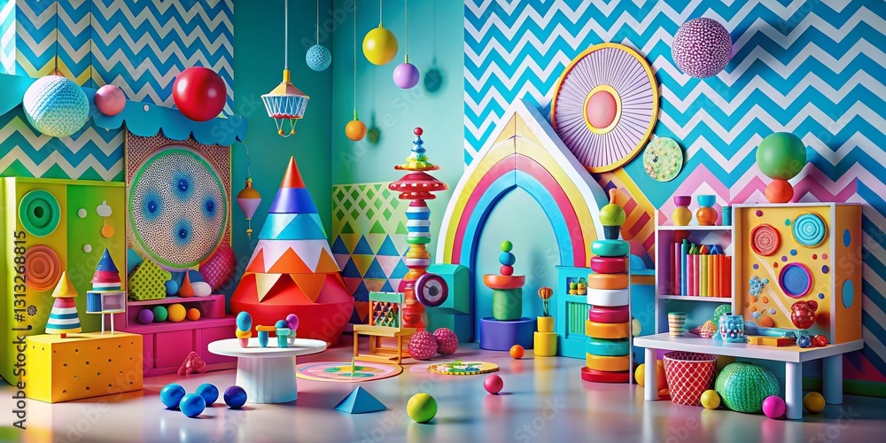 Fototapeta premium Interactive Science Toy Display Backdrop: Colorful Geometric Patterns & Educational Fun