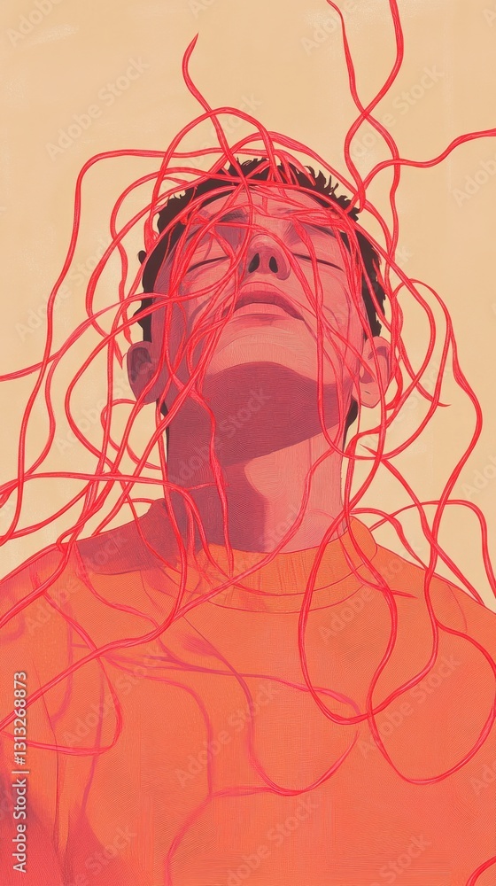 Abstract Expressionist Depiction of Human Figure in Distress, Surrounded by Chaotic Red and Pink Lines Representing Emotional Turmoil Abstract Expressionist Depiction of Human Figure in Distress, Surrounded by Chaotic Red and Pink Lines Representing Emotional Turmoil