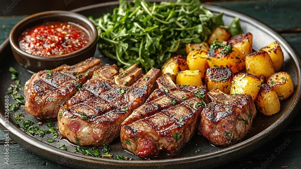 Succulent Lamb Chops Meal: A mouthwatering culinary composition, featuring perfectly grilled lamb chops alongside roasted potatoes, fresh arugula, and a vibrant tomato-based dipping sauce. Succulent Lamb Chops Meal: A mouthwatering culinary composition, featuring perfectly grilled lamb chops alongside roasted potatoes, fresh arugula, and a vibrant tomato-based dipping sauce.