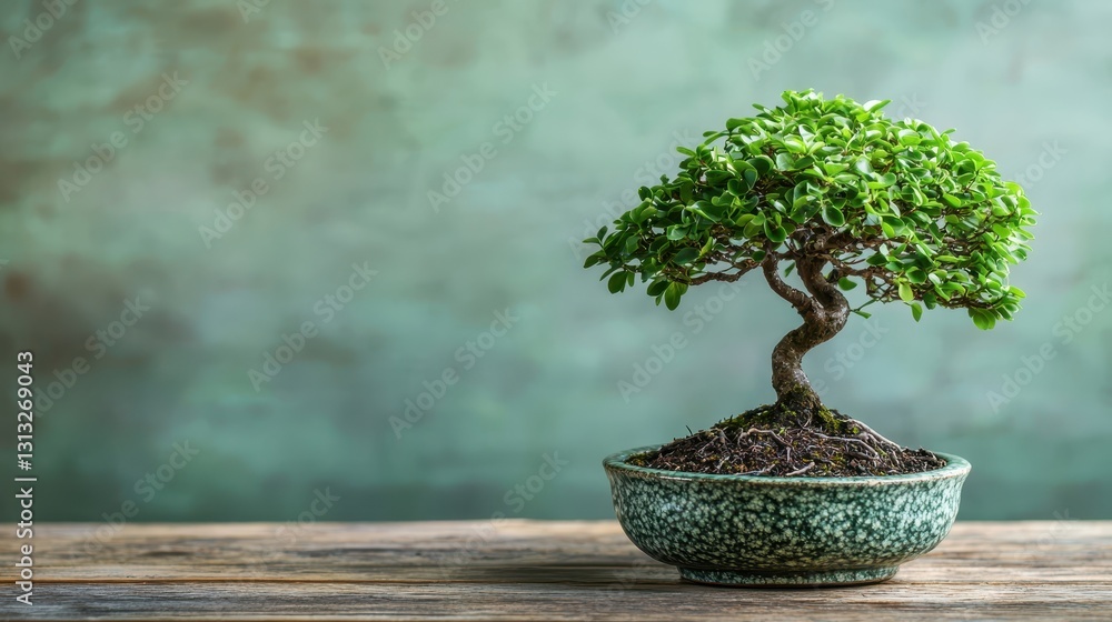 Bonsai Tree in Decorative Pot with Green Background and Wooden Table Bonsai Tree in Decorative Pot with Green Background and Wooden Table