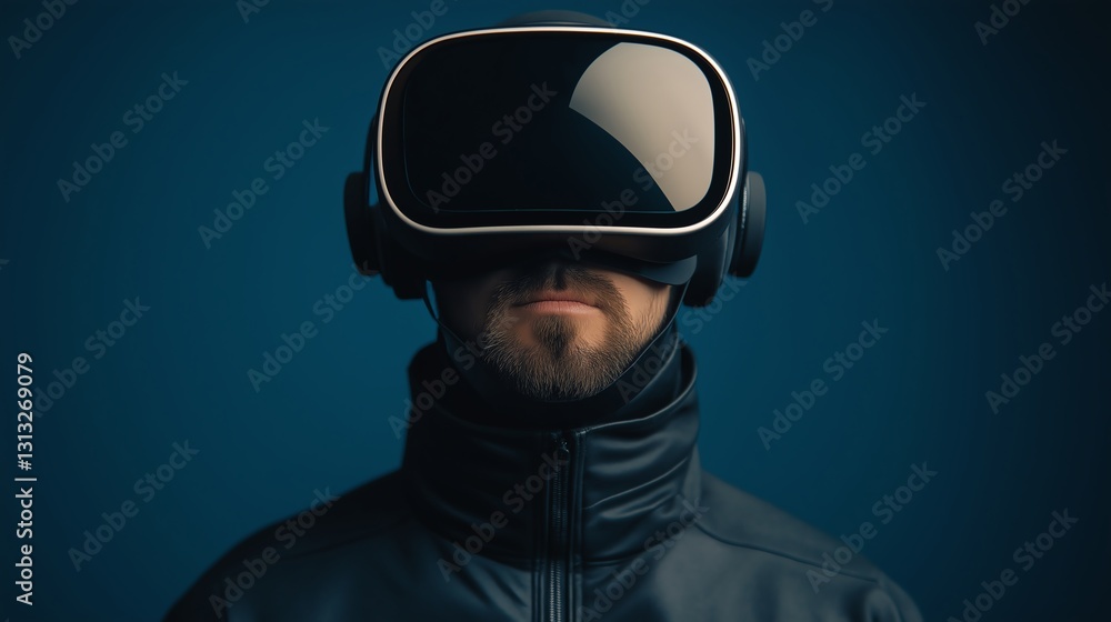 A man wearing a modern virtual reality headset, immersed in a digital experience A man wearing a modern virtual reality headset, immersed in a digital experience